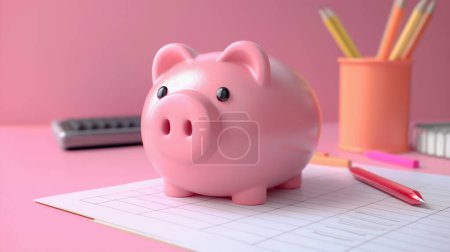 Pink piggy bank on a pink desk with stationery and a calculator.