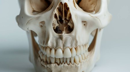 Close-up of a human skull with detailed teeth and bone structure.