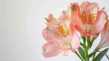 Close-up of pink lilies with delicate petals and red speckles, set against a light background.