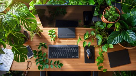 A work desk surrounded by numerous green plants, with a keyboard, mouse, monitor, and other office items.