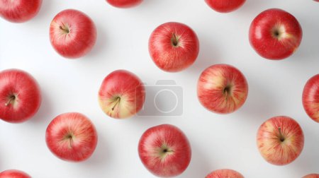 Top view of red apples with subtle yellow streaks, arranged on a white background.