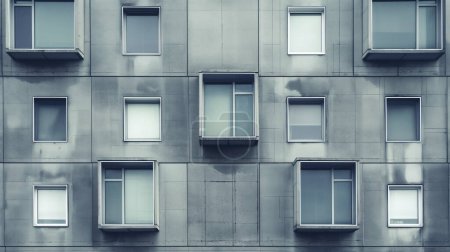 Façade de bâtiment gris avec des fenêtres de tailles variées, architecture moderne.
