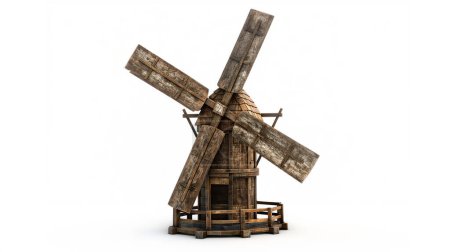Rustic wooden windmill on a white background, vintage charm.