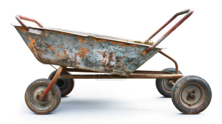 Rusty old wheelbarrow with four wheels and red handles, showing significant wear and tear.