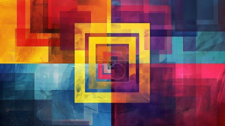 Una obra de arte geométrica vívida con capas cuadradas y rectángulos en tonos brillantes de rojo, amarillo, azul y púrpura.