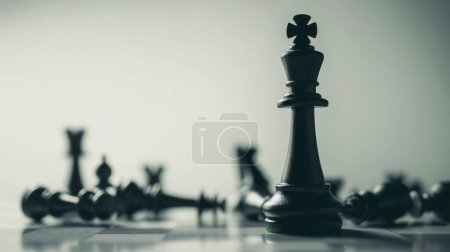 Schwarzer Schachkönig steht inmitten gefallener Figuren auf einem Schachbrett und symbolisiert Sieg und Strategie.