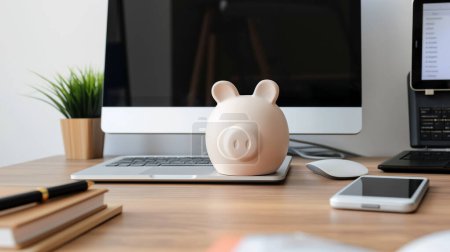Piggy bank sitting on a laptop in a modern, organized workspace, surrounded by tech gadgets and a potted plant.
