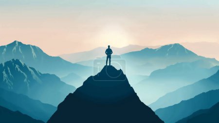 Silhouette of a person standing atop a mountain peak, overlooking layered mountain ranges, symbolizing achievement and contemplation.