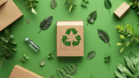 Eco-friendly packaging with recycling symbols, surrounded by green leaves on a green background, promoting sustainability.