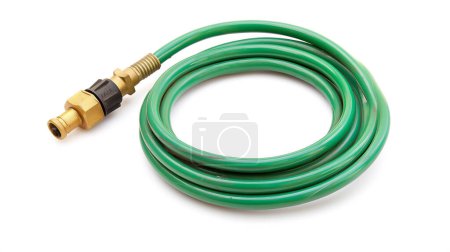 Coiled green hose with brass connector on white background.