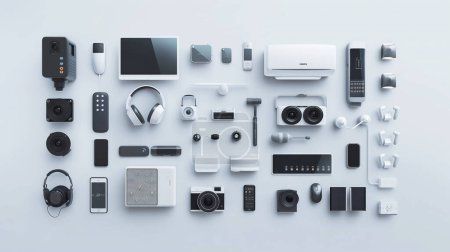 Divers gadgets technologiques soigneusement disposés, présentant des appareils électroniques modernes tels que des caméras, des écouteurs et des smartphones sur fond blanc.