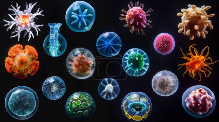 Verschiedene farbenfrohe und einzigartig geformte mikroskopische Organismen vor dunklem Hintergrund, die Artenvielfalt und Komplexität zeigen.