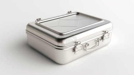 A shiny metallic briefcase with secure locks, resting on a white background.