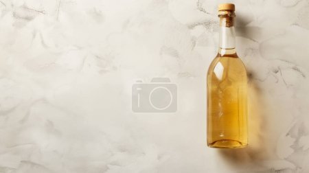 A single glass bottle filled with golden liquid, sealed with a cork, set against a textured white background.