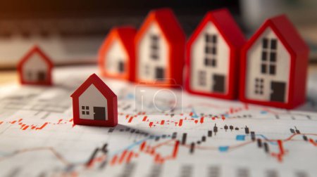 Petites maisons modèles rouges et blanches sur un tableau financier, symbolisant les tendances du marché immobilier et l'analyse des investissements.