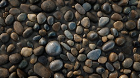 A collection of smooth, multicolored river stones scattered on a surface.
