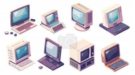 A collection of vintage computers showcasing various designs and configurations, highlighting the evolution of technology over the years.
