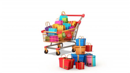 A shopping cart filled with colorful shopping bags and packages, symbolizing consumerism and retail therapy.