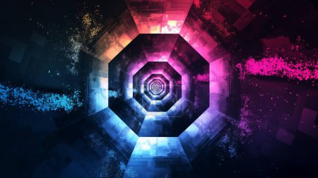 A geometric tunnel with a mesmerizing blend of pink, blue, and purple hues, creating a hypnotic, futuristic abstract design.