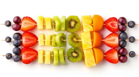 Colorful fruit skewers featuring strawberries, grapes, kiwi, pineapple, and orange segments, neatly arranged on a white background.