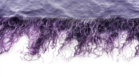 Purple fabric with delicate, frayed fringes, creating a soft and textured edge.