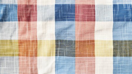 Colorful plaid fabric with intersecting lines in red, blue, yellow, and white.