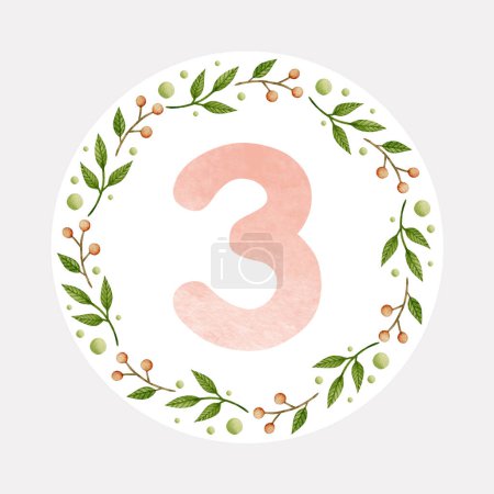 Photo for Baby monthly milestone, pink number 3 watercolor illustration. - Royalty Free Image