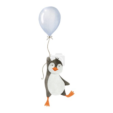 Foto de Pingüino sobre un globo aerostático acuarela ilustración aislada sobre fondo blanco. - Imagen libre de derechos