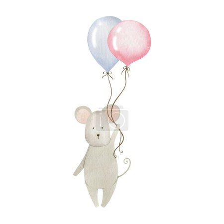 Photo for Mouse on a balloon watercolor illustration isolated on white background. - Royalty Free Image