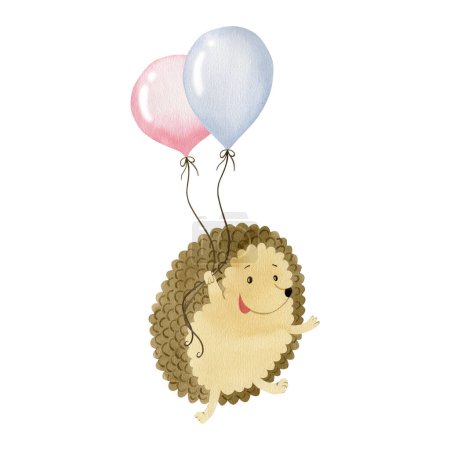 Photo for Hedgehog in a balloon watercolor illustration isolated on white background. - Royalty Free Image
