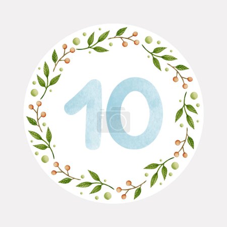 Photo for Baby monthly milestone, blue number 10 watercolor illustration. - Royalty Free Image