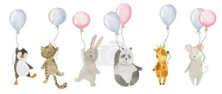 Foto de Animales sobre bolas, un conjunto de ilustraciones de acuarela aisladas sobre un fondo blanco, un pingüino, un gato, una liebre, un panda, una jirafa, un ratón. - Imagen libre de derechos