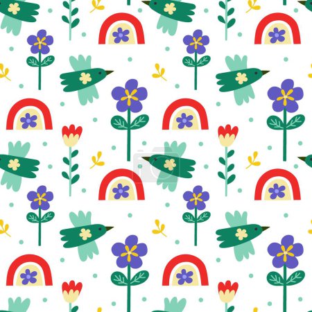 Illustration for Vector seamless pattern. Cute birds rainbow, flowers on white background. Creative scandinavian kids texture for fabric, wrapping, textile, wallpaper, apparel. Vector illustration. - Royalty Free Image