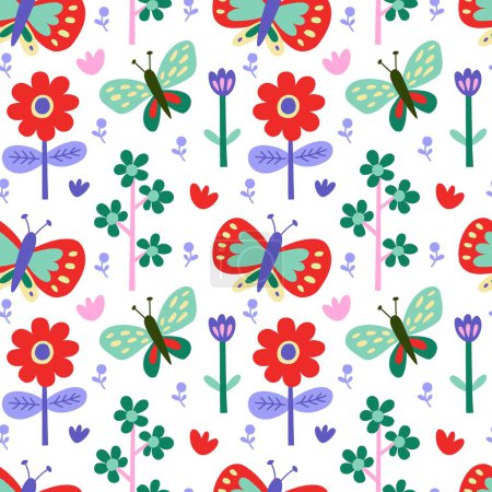 Illustration for Vector seamless pattern. Cute butterfly, flowers on white background. Creative scandinavian kids texture for fabric, wrapping, textile, wallpaper, apparel. Vector illustration. - Royalty Free Image