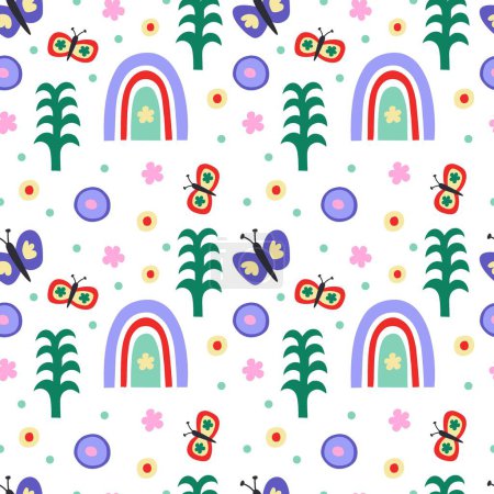 Illustration for Vector seamless pattern. Cute butterfly, rainbow, flowers on white background. Creative scandinavian kids texture for fabric, wrapping, textile, wallpaper, apparel. Vector illustration. - Royalty Free Image