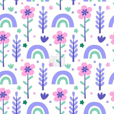 Illustration for Vector seamless pattern. Cute rainbow, flowers on white background. Creative scandinavian kids texture for fabric, wrapping, textile, wallpaper, apparel. Vector illustration. - Royalty Free Image