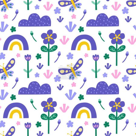 Illustration for Vector seamless pattern. Cute butterfly, rainbow, flowers on white background. Creative scandinavian kids texture for fabric, wrapping, textile, wallpaper, apparel. Vector illustration. - Royalty Free Image