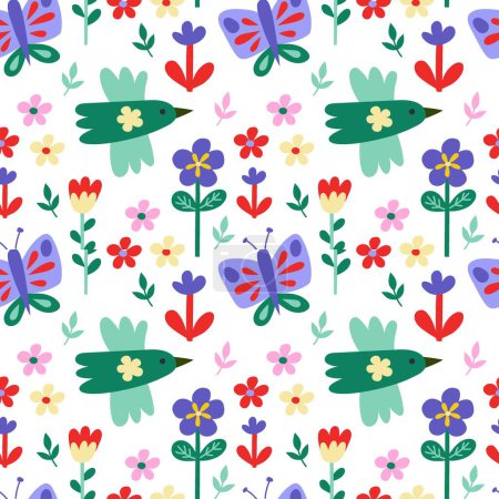 Illustration for Vector seamless pattern. Cute birds, butterfly, flowers on white background. Creative scandinavian kids texture for fabric, wrapping, textile, wallpaper, apparel. Vector illustration. - Royalty Free Image
