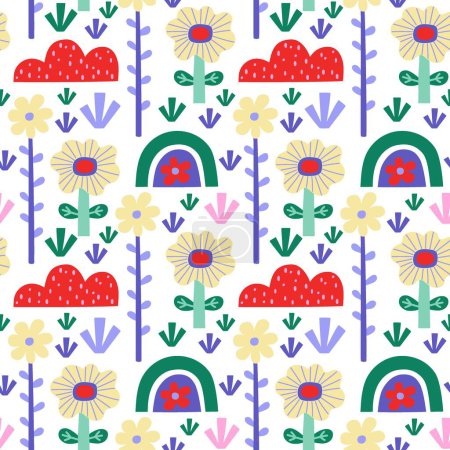 Illustration for Vector seamless pattern. Cute rainbow, flowers on white background. Creative scandinavian kids texture for fabric, wrapping, textile, wallpaper, apparel. Vector illustration. - Royalty Free Image