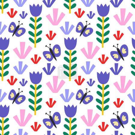 Illustration for Vector seamless pattern. Cute butterfly, flowers on white background. Creative scandinavian kids texture for fabric, wrapping, textile, wallpaper, apparel. Vector illustration. - Royalty Free Image