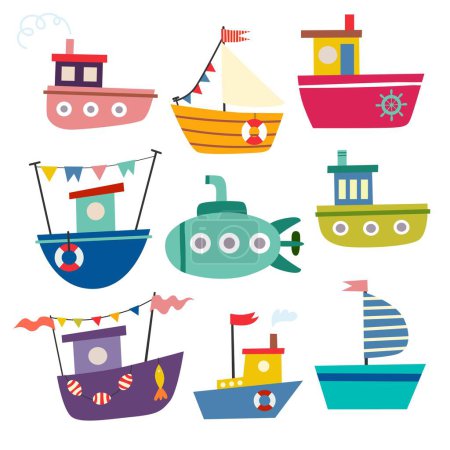 Illustration for Boat set, vector illustration in cute flat design. - Royalty Free Image