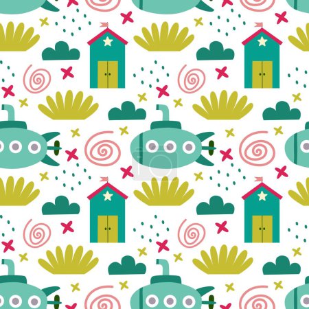 Illustration for Seamless pattern with houses and a submarine. Vector background with a marine theme. - Royalty Free Image