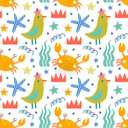 Illustration for Seamless pattern with birds and crabs. Vector background with a marine theme. - Royalty Free Image