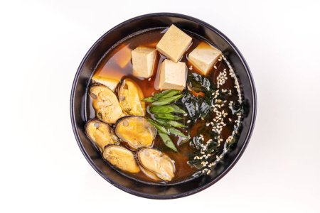 miso soup with mussels on white background for online restaurant menu