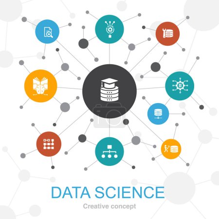 Ilustración de Data Science concepto web de moda con iconos. Contiene iconos tales como aprendizaje automático, Big Data, Base de datos, Clasificación - Imagen libre de derechos