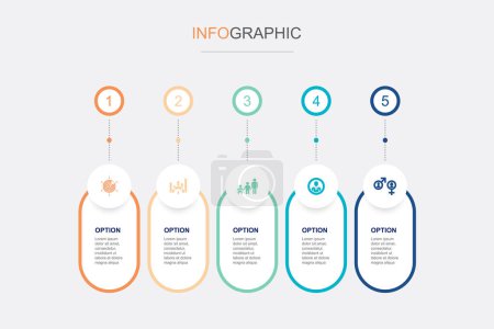 Illustration for Niche Marketing, Benchmarking, Age group, Occupation, Gender icons Infographic design template. Creative concept with 5 steps - Royalty Free Image