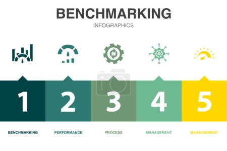 Illustration for Benchmarking icons Infographic design template. Creative concept with 5 options - Royalty Free Image