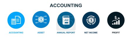 Accounting, Asset, Annual report, Net Income, Profit icons Infographic design template. Creative concept with 5 options