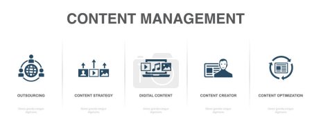 Outsourcing, Content-Strategie, digitale Inhalte, Content-Ersteller, Content-Optimierung, Symbole Infografik-Design-Vorlage. Kreatives Konzept mit 5 Optionen