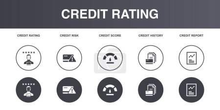 credit rating, risk, Credit score, Credit history, report, icons set design template. Creative concept icons set 5 elements design